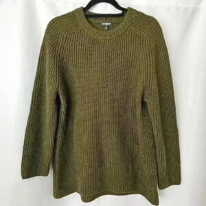 Express Crew Neck Oversized Shaker Knit Sweater, Dark Olive, Size S